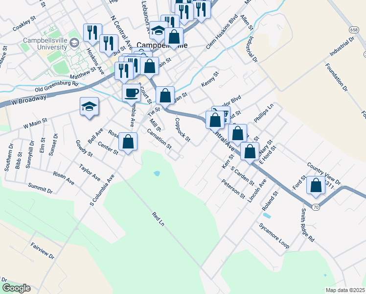 map of restaurants, bars, coffee shops, grocery stores, and more near Hiestand Street in Campbellsville