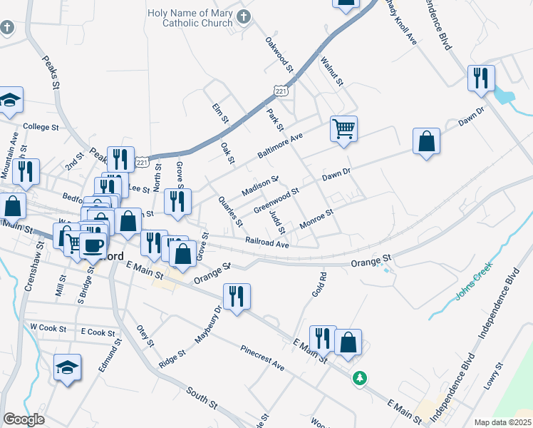 map of restaurants, bars, coffee shops, grocery stores, and more near 821 Judd Street in Bedford