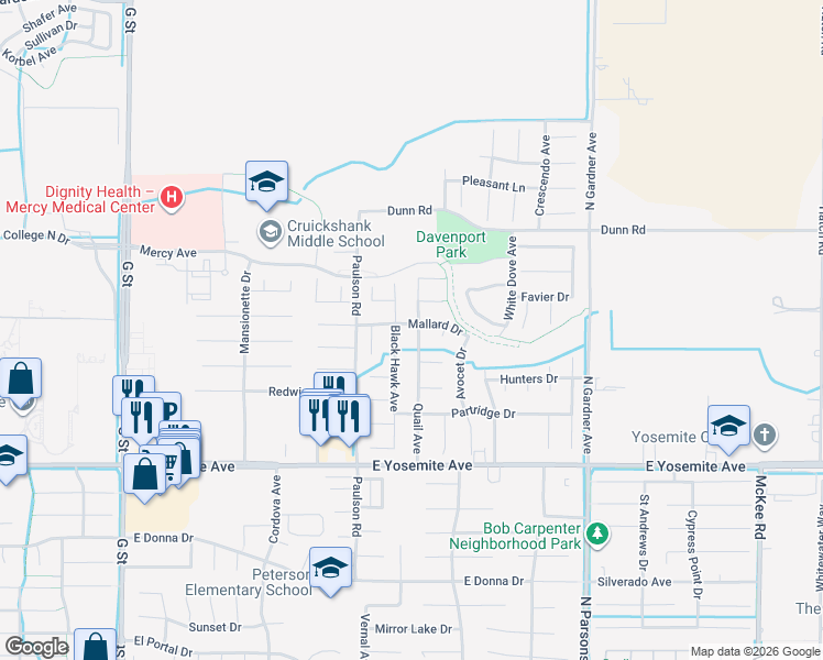 map of restaurants, bars, coffee shops, grocery stores, and more near 3890 Quail Avenue in Merced