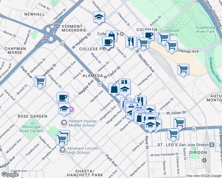map of restaurants, bars, coffee shops, grocery stores, and more near 1650 The Alameda in San Jose