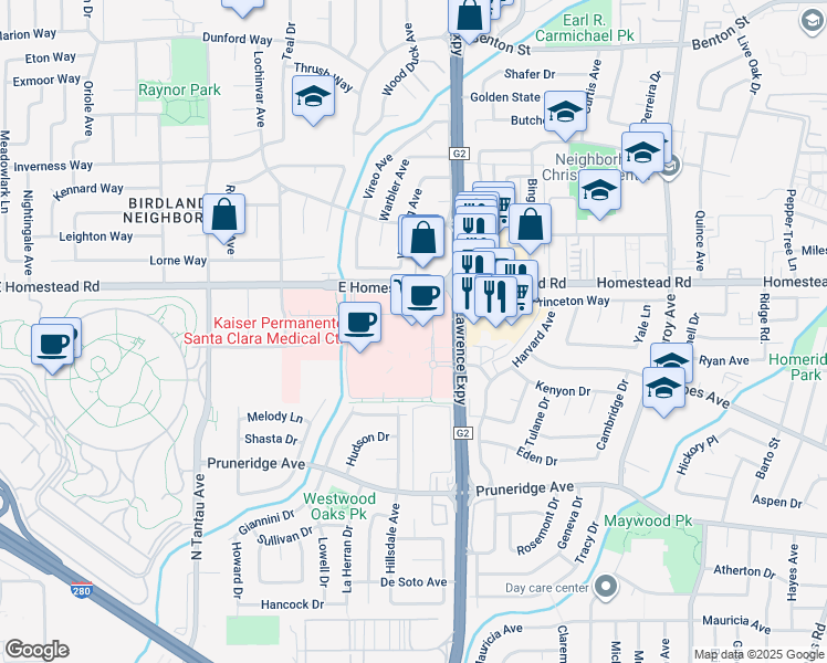 map of restaurants, bars, coffee shops, grocery stores, and more near 710 Lawrence Expressway in Santa Clara