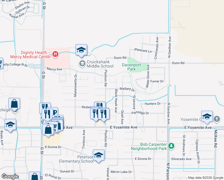 map of restaurants, bars, coffee shops, grocery stores, and more near 3896 Pintail Court in Merced
