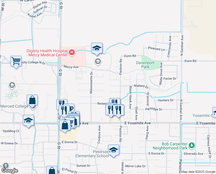 map of restaurants, bars, coffee shops, grocery stores, and more near 726 Nighthawk Court in Merced