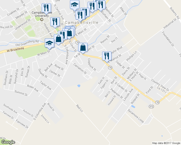 map of restaurants, bars, coffee shops, grocery stores, and more near 145 Hiestand Street in Campbellsville