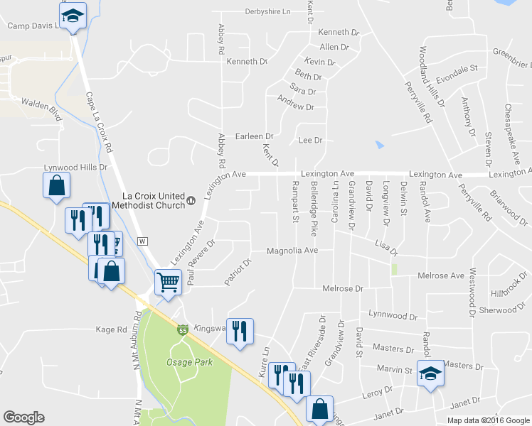 map of restaurants, bars, coffee shops, grocery stores, and more near 2960 Jasmine Ln in Cape Girardeau
