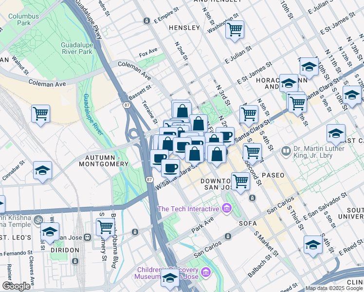 map of restaurants, bars, coffee shops, grocery stores, and more near 100 North Almaden Avenue in San Jose