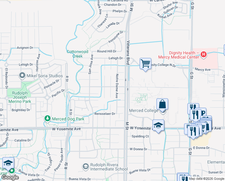 map of restaurants, bars, coffee shops, grocery stores, and more near 3870 Claremont Court in Merced