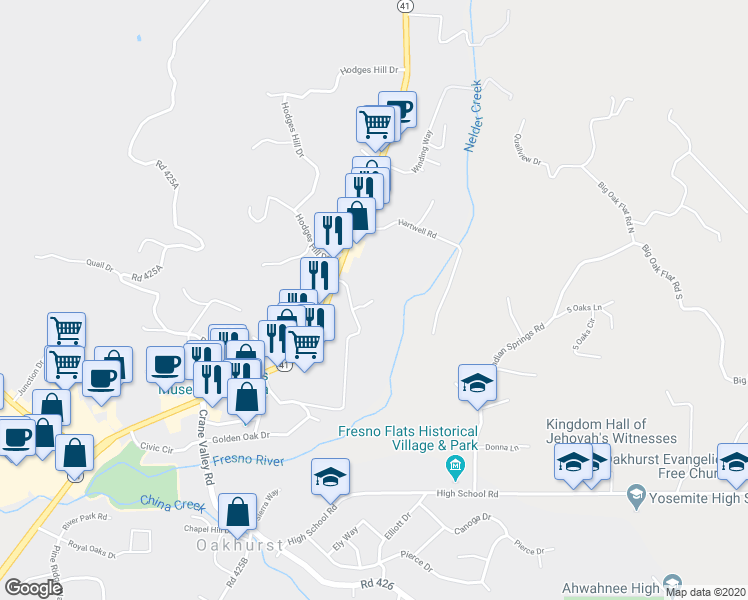 map of restaurants, bars, coffee shops, grocery stores, and more near 40699 Teddy Bear Lane in Oakhurst
