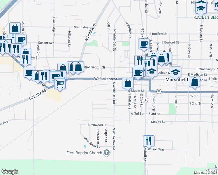 map of restaurants, bars, coffee shops, grocery stores, and more near 537 West Maple Street in Marshfield