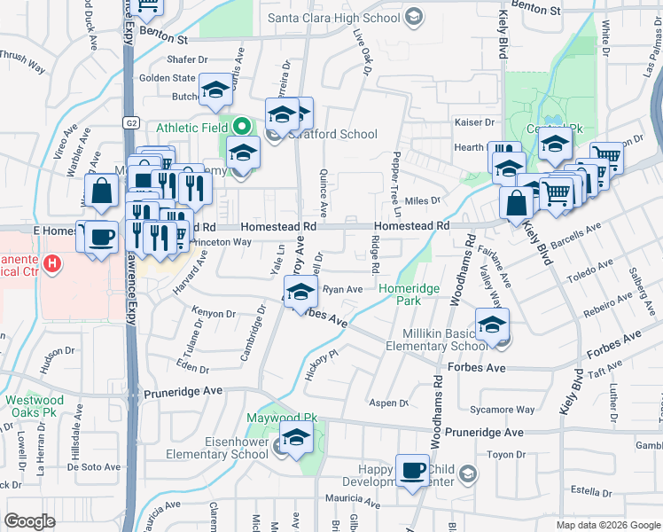 map of restaurants, bars, coffee shops, grocery stores, and more near 3109 Alexander Avenue in Santa Clara