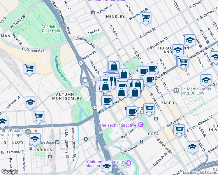 map of restaurants, bars, coffee shops, grocery stores, and more near 100 North Almaden Avenue in San Jose