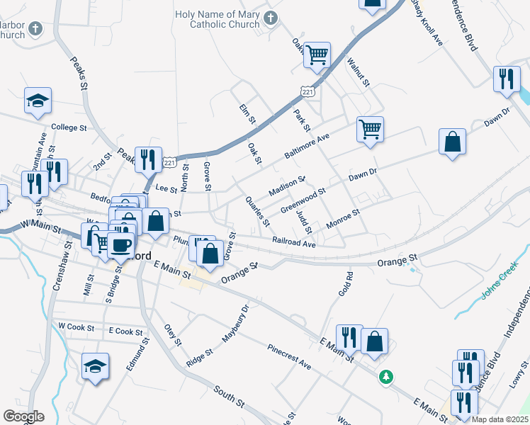 map of restaurants, bars, coffee shops, grocery stores, and more near 803 Greenwood Street in Bedford