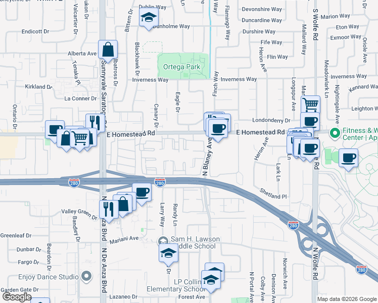 map of restaurants, bars, coffee shops, grocery stores, and more near 10888 Northshore Square in Cupertino