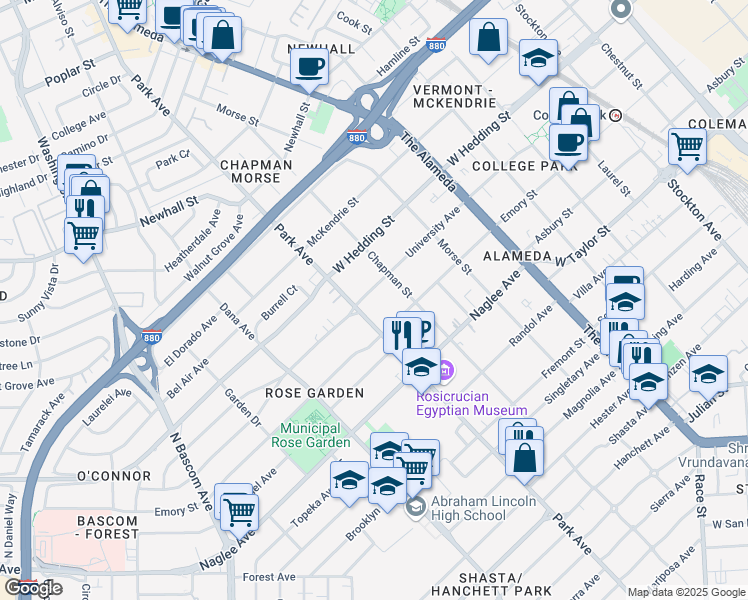 map of restaurants, bars, coffee shops, grocery stores, and more near 1364 University Avenue in San Jose
