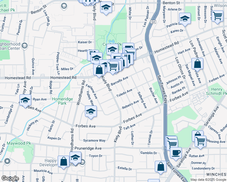 map of restaurants, bars, coffee shops, grocery stores, and more near 2805 Steinhart Court in Santa Clara