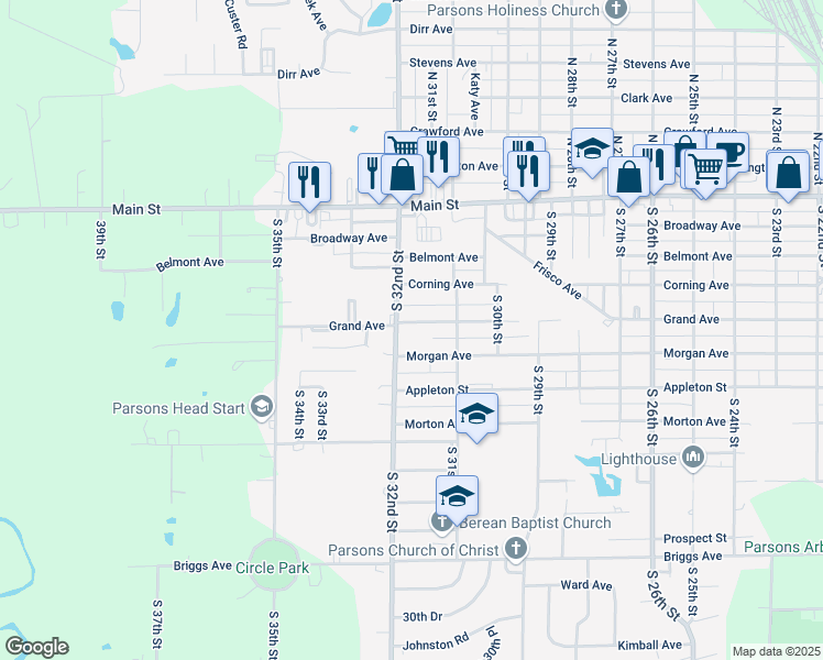 map of restaurants, bars, coffee shops, grocery stores, and more near 3136 Grand Avenue in Parsons