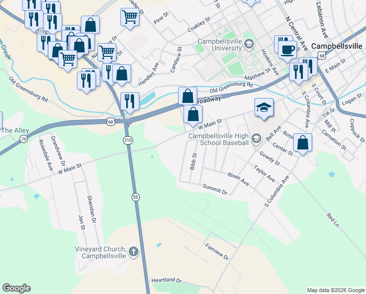 map of restaurants, bars, coffee shops, grocery stores, and more near 204 Southern Drive in Campbellsville