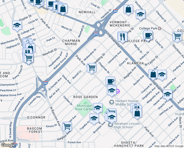 map of restaurants, bars, coffee shops, grocery stores, and more near 1869 Park Avenue in San Jose