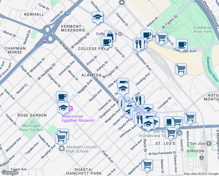 map of restaurants, bars, coffee shops, grocery stores, and more near 1650 The Alameda in San Jose