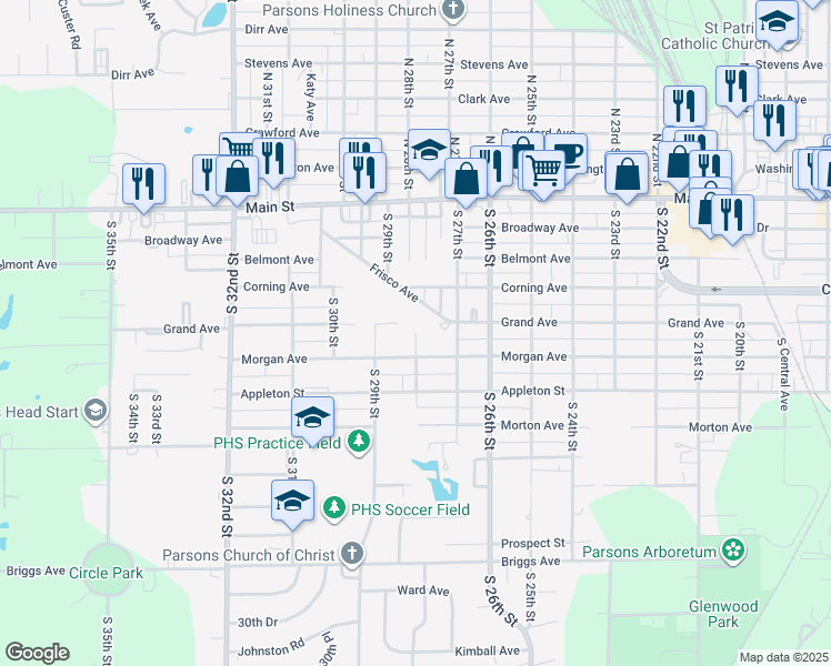 map of restaurants, bars, coffee shops, grocery stores, and more near 501 South 28th Street in Parsons