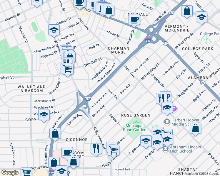 map of restaurants, bars, coffee shops, grocery stores, and more near 970 Dana Avenue in San Jose