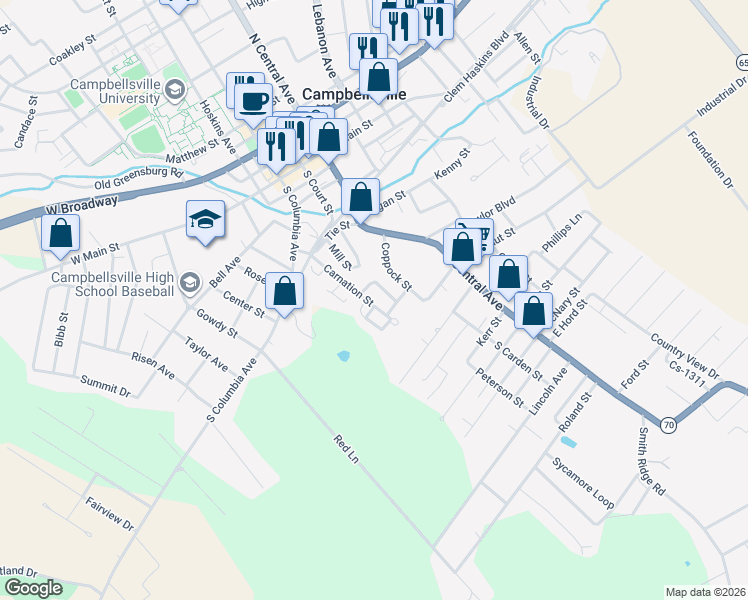 map of restaurants, bars, coffee shops, grocery stores, and more near 230 Carnation Street in Campbellsville