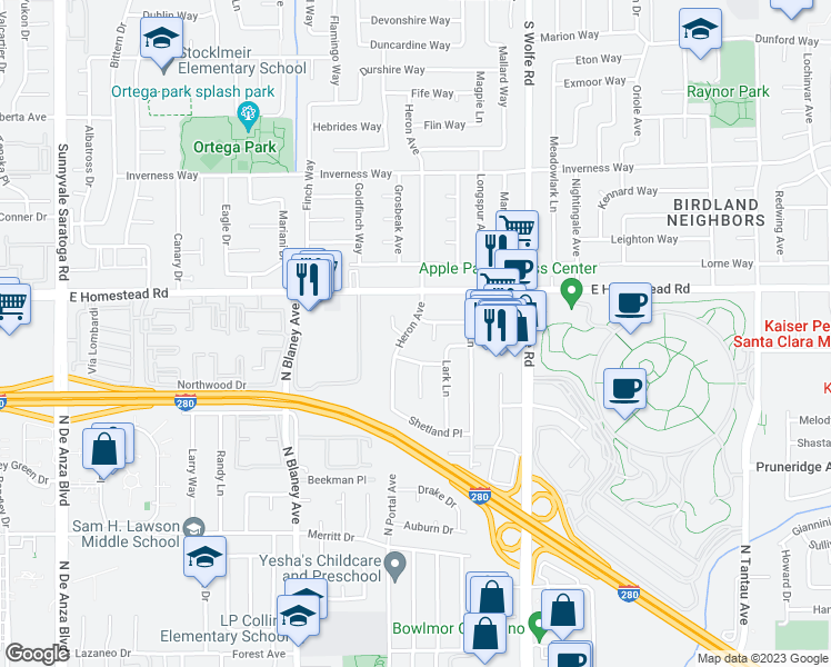 map of restaurants, bars, coffee shops, grocery stores, and more near 1726 Heron Avenue in Sunnyvale