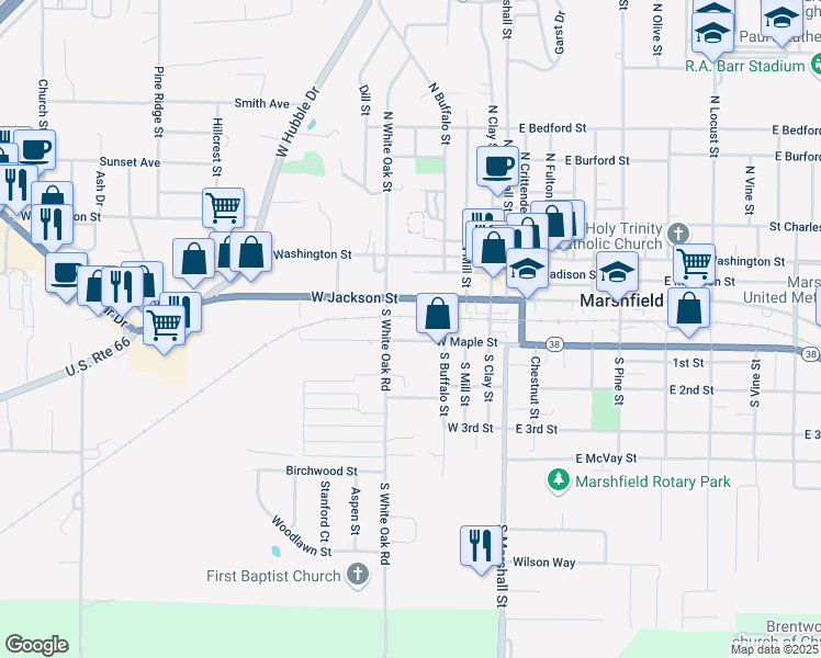 map of restaurants, bars, coffee shops, grocery stores, and more near 415 West Maple Street in Marshfield