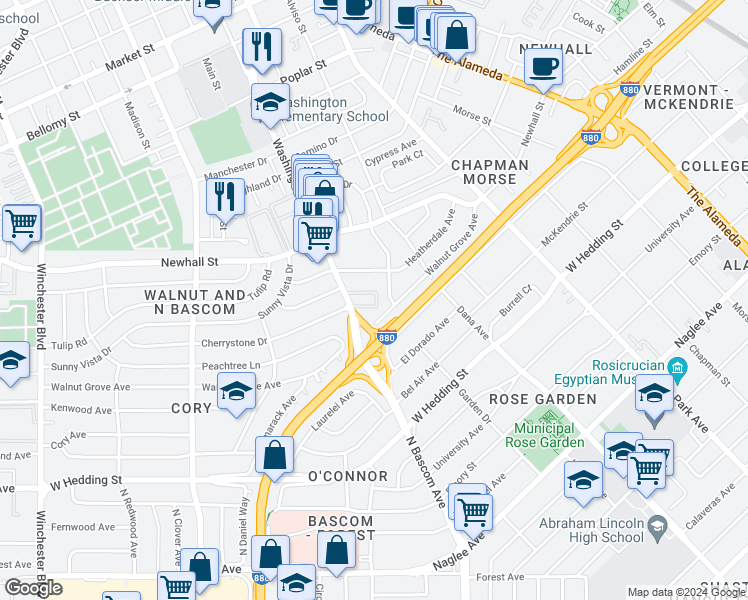 map of restaurants, bars, coffee shops, grocery stores, and more near 1220 North Bascom Avenue in San Jose