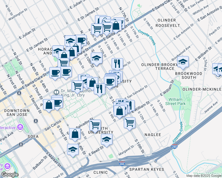 map of restaurants, bars, coffee shops, grocery stores, and more near 475 East San Carlos Street in San Jose