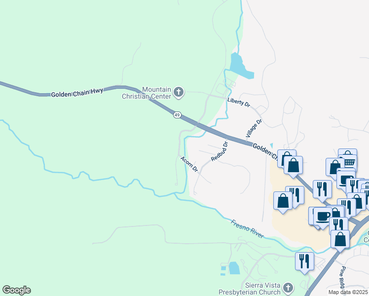 map of restaurants, bars, coffee shops, grocery stores, and more near 40473 Bollinger Place in Oakhurst