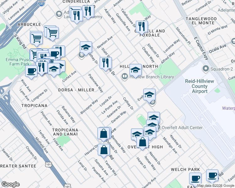 map of restaurants, bars, coffee shops, grocery stores, and more near 1694 Cathay Drive in San Jose