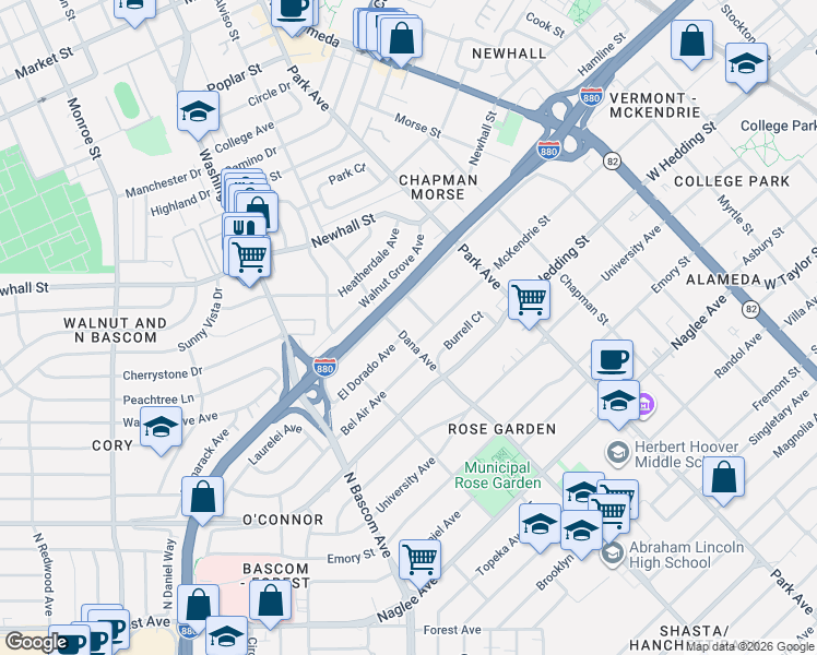 map of restaurants, bars, coffee shops, grocery stores, and more near 970 Dana Avenue in San Jose