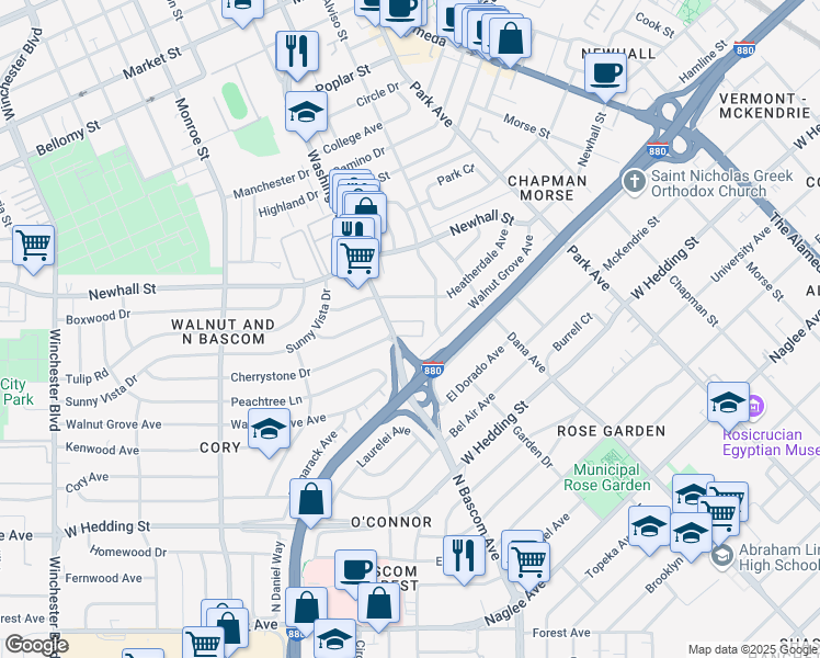 map of restaurants, bars, coffee shops, grocery stores, and more near 1220 North Bascom Avenue in San Jose