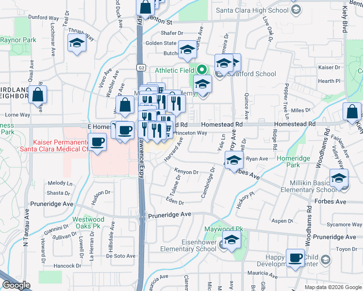 map of restaurants, bars, coffee shops, grocery stores, and more near 751 Harvard Avenue in Santa Clara