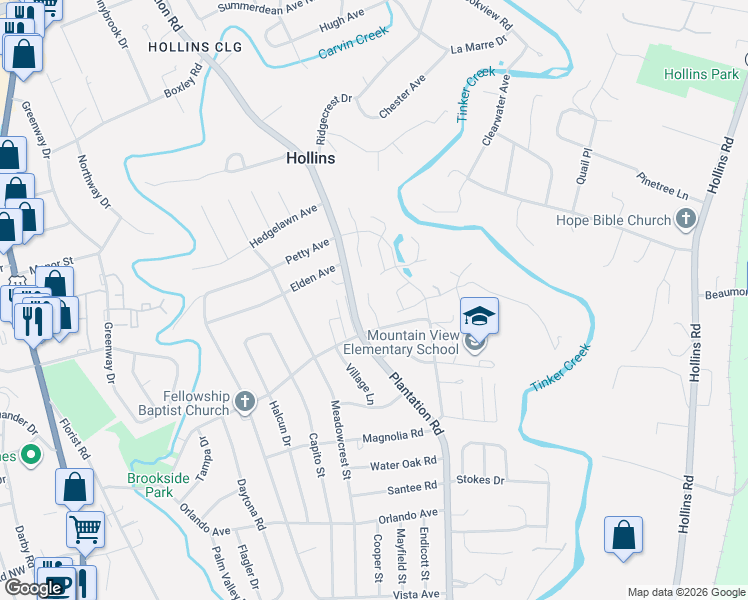 map of restaurants, bars, coffee shops, grocery stores, and more near 730 South Battery Drive in Hollins