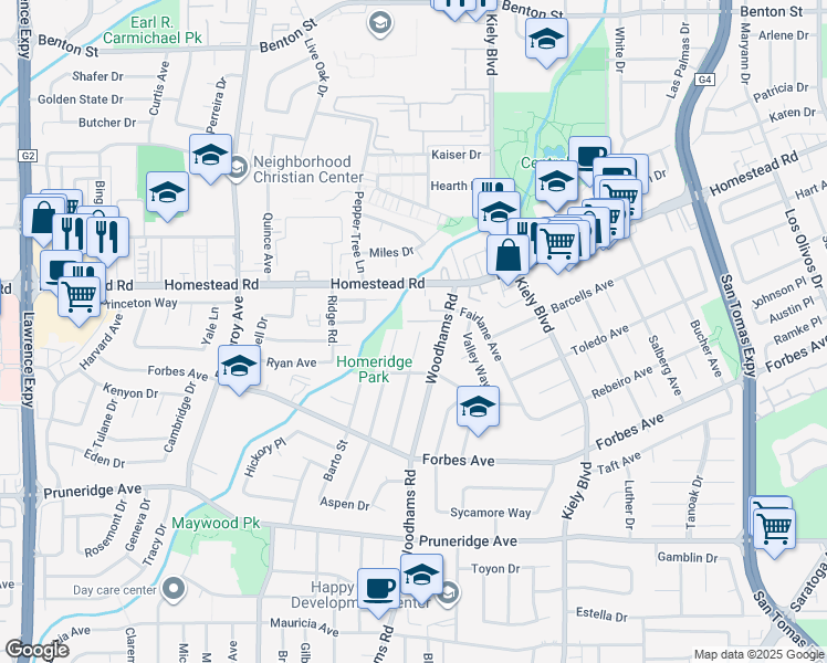 map of restaurants, bars, coffee shops, grocery stores, and more near 744 Hamilton Lane in Santa Clara