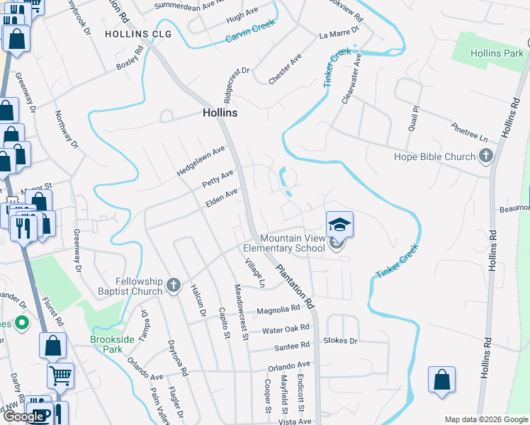 map of restaurants, bars, coffee shops, grocery stores, and more near 730 South Battery Drive in Hollins