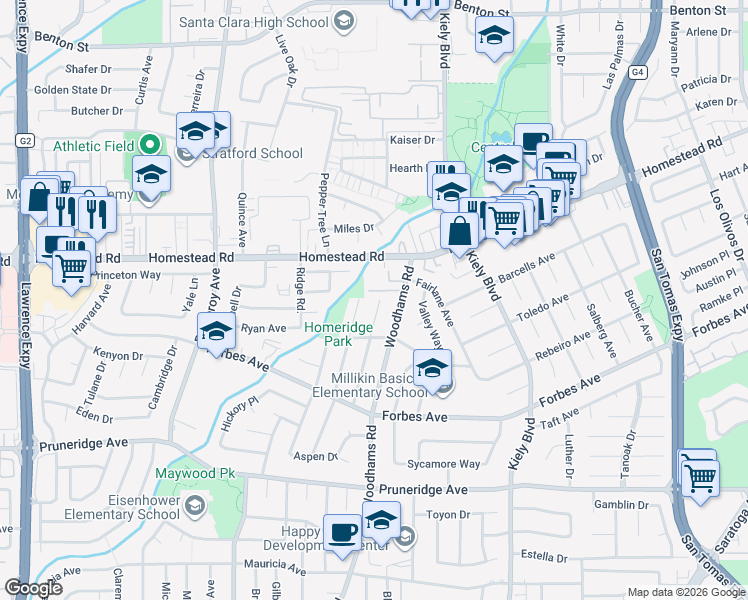 map of restaurants, bars, coffee shops, grocery stores, and more near 744 Hamilton Lane in Santa Clara
