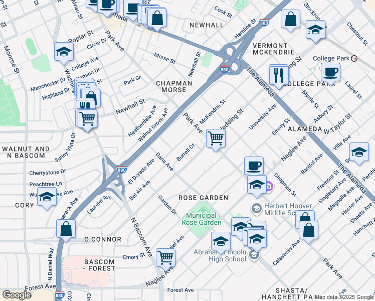 map of restaurants, bars, coffee shops, grocery stores, and more near 1489 Burrell Court in San Jose