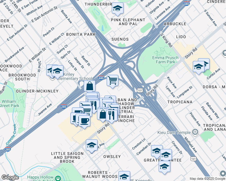 map of restaurants, bars, coffee shops, grocery stores, and more near 1170 Olinder Court in San Jose