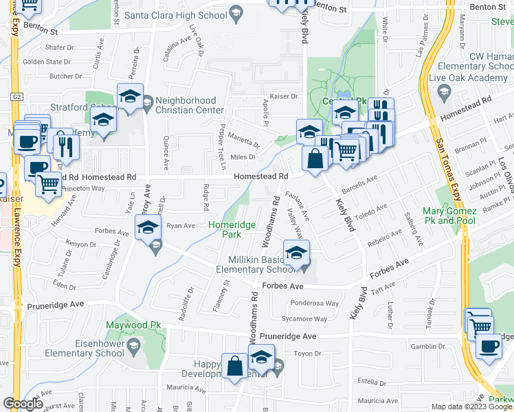 map of restaurants, bars, coffee shops, grocery stores, and more near 744 Hamilton Lane in Santa Clara