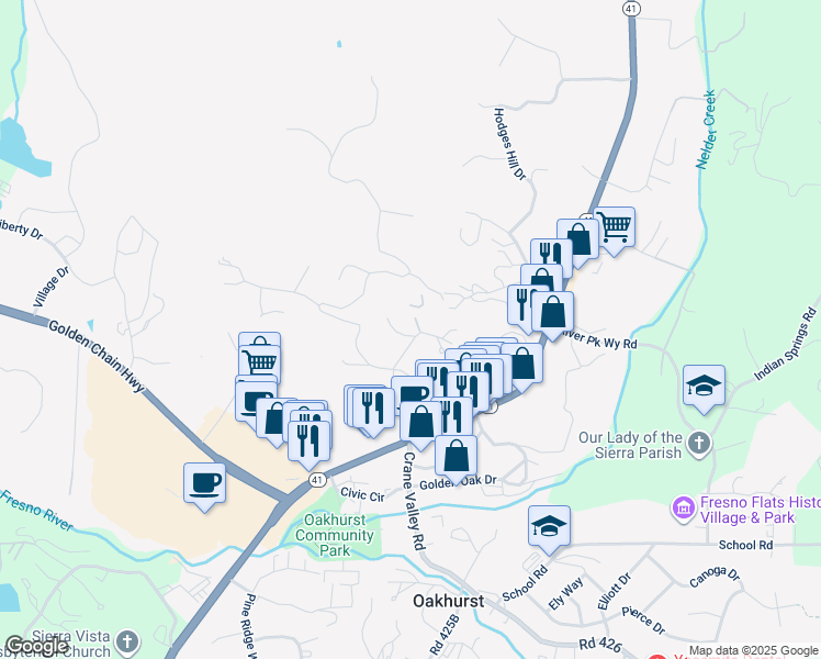 map of restaurants, bars, coffee shops, grocery stores, and more near 40451 Live Oak Drive in Oakhurst