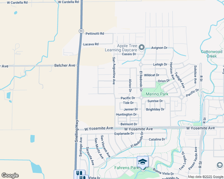 map of restaurants, bars, coffee shops, grocery stores, and more near 1406 Antioch Court in Merced