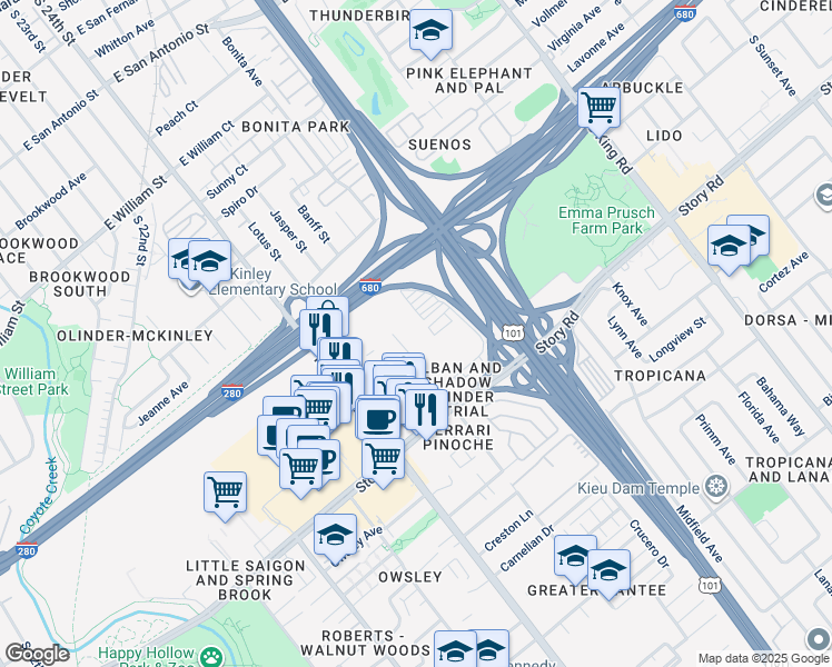 map of restaurants, bars, coffee shops, grocery stores, and more near 1170 Olinder Court in San Jose