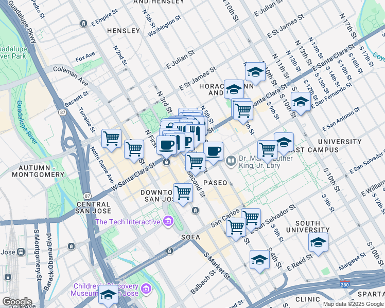 map of restaurants, bars, coffee shops, grocery stores, and more near 25 South Third Street in San Jose