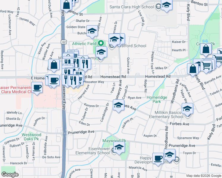 map of restaurants, bars, coffee shops, grocery stores, and more near 765 Purdue Court in Santa Clara