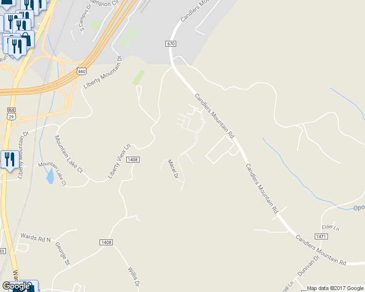 map of restaurants, bars, coffee shops, grocery stores, and more near 189 Monica Boulevard in Lynchburg