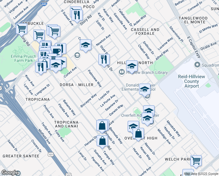 map of restaurants, bars, coffee shops, grocery stores, and more near 1901 Loyola Drive in San Jose