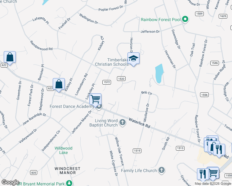 map of restaurants, bars, coffee shops, grocery stores, and more near 423 Horizon Drive in Forest